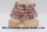 GMN1279 Hand-knotted 8mm, 10mm purple strawberry quartz 108 beads mala necklace with charm