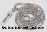 GMN1418 Hand-knotted 8mm, 10mm grey banded agate 108 beads mala necklace with pendant