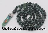 GMN1424 Hand-knotted 8mm, 10mm moss agate 108 beads mala necklace with pendant