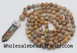 GMN1443 Hand-knotted 8mm, 10mm picture jasper 108 beads mala necklace with pendant