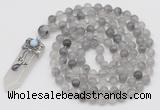 GMN1457 Hand-knotted 8mm, 10mm cloudy quartz 108 beads mala necklace with pendant