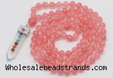 GMN1458 Hand-knotted 8mm, 10mm cherry quartz 108 beads mala necklace with pendant