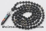 GMN1475 Hand-knotted 8mm, 10mm golden obsidian 108 beads mala necklace with pendant