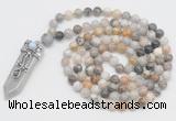 GMN1522 Hand-knotted 8mm, 10mm bamboo leaf agate 108 beads mala necklace with pendant