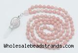 GMN1553 Knotted 8mm, 10mm Chinese pink opal 108 beads mala necklace with pendant