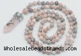 GMN1555 Knotted 8mm, 10mm pink zebra jasper 108 beads mala necklace with pendant