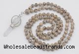 GMN1557 Knotted 8mm, 10mm feldspar 108 beads mala necklace with pendant