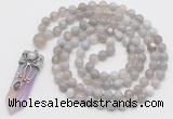 GMN1558 Knotted 8mm, 10mm grey banded agate 108 beads mala necklace with pendant