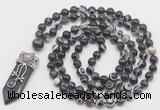 GMN1560 Knotted 8mm, 10mm black banded agate 108 beads mala necklace with pendant