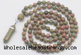 GMN1664 Hand-knotted 6mm unakite 108 beads mala necklaces with pendant