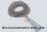 GMN1750 Knotted 8mm, 10mm grey agate 108 beads mala necklace with tassel & charm