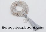 GMN1751 Knotted 8mm, 10mm montana agate 108 beads mala necklace with tassel & charm