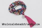 GMN1759 Knotted 8mm, 10mm colorfull banded agate 108 beads mala necklace with tassel & charm