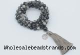 GMN1773 Knotted 8mm, 10mm black water jasper 108 beads mala necklace with tassel & charm