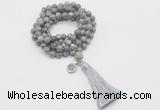 GMN1774 Knotted 8mm, 10mm grey picture jasper 108 beads mala necklace with tassel & charm