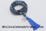 GMN1798 Knotted 8mm, 10mm dumortierite 108 beads mala necklace with tassel & charm