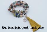 GMN1803 Knotted 8mm, 10mm colorful gemstone 108 beads mala necklace with tassel & charm