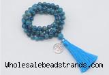 GMN1810 Knotted 8mm, 10mm apatite 108 beads mala necklace with tassel & charm