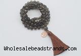 GMN1819 Knotted 8mm, 10mm smoky quartz 108 beads mala necklace with tassel & charm