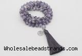 GMN1820 Knotted 8mm, 10mm dogtooth amethyst 108 beads mala necklace with tassel & charm