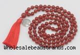 GMN1868 Knotted 8mm, 10mm red agate 108 beads mala necklace with tassel & charm