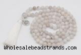 GMN1871 Knotted 8mm, 10mm white crazy agate 108 beads mala necklace with tassel & charm