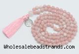 GMN1888 Knotted 8mm, 10mm Chinese pink opal 108 beads mala necklace with tassel & charm