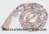 GMN1890 Knotted 8mm, 10mm pink zebra jasper 108 beads mala necklace with tassel & charm