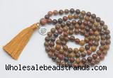 GMN1892 Knotted 8mm, 10mm red moss agate 108 beads mala necklace with tassel & charm