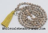 GMN1893 Knotted 8mm, 10mm feldspar 108 beads mala necklace with tassel & charm