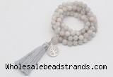 GMN2001 Knotted 8mm, 10mm matte white crazy agate 108 beads mala necklace with tassel & charm