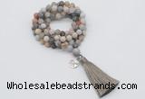 GMN2003 Knotted 8mm, 10mm matte bamboo leaf agate 108 beads mala necklace with tassel & charm