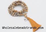 GMN2004 Knotted 8mm, 10mm matte fossil coral 108 beads mala necklace with tassel & charm