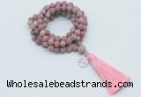 GMN2006 Knotted 8mm, 10mm matte pink fossil jasper 108 beads mala necklace with tassel & charm