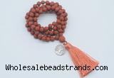 GMN2007 Knotted 8mm, 10mm matte red jasper 108 beads mala necklace with tassel & charm