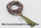 GMN2008 Knotted 8mm, 10mm matte picasso jasper 108 beads mala necklace with tassel & charm