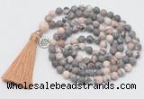 GMN2029 Knotted 8mm, 10mm matte pink zebra jasper 108 beads mala necklace with tassel & charm