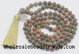 GMN2032 Knotted 8mm, 10mm matte unakite 108 beads mala necklace with tassel & charm