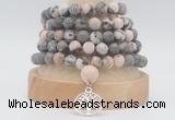 GMN2232 Hand-knotted 8mm, 10mm matte pink zebra jasper 108 beads mala necklaces with charm