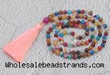 GMN229 Hand-knotted 6mm mixed banded agate 108 beads mala necklaces with tassel