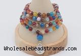 GMN2400 Hand-knotted 6mm colorful banded agate 108 beads mala necklace with charm