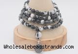 GMN2411 Hand-knotted 6mm black & white jasper 108 beads mala necklace with charm