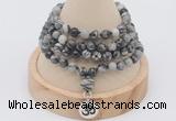 GMN2412 Hand-knotted 6mm black water jasper 108 beads mala necklace with charm