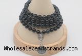 GMN2428 Hand-knotted 6mm blue tiger eye 108 beads mala necklace with charm