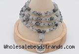 GMN2438 Hand-knotted 6mm black rutilated quartz 108 beads mala necklace with charm