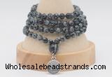 GMN2462 Hand-knotted 6mm snowflake obsidian 108 beads mala necklaces with charm