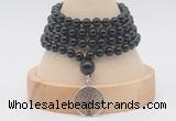 GMN2464 Hand-knotted 6mm black onyx 108 beads mala necklaces with charm