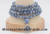 GMN2466 Hand-knotted 6mm blue spot stone 108 beads mala necklaces with charm