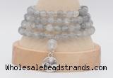 GMN2470 Hand-knotted 6mm cloudy quartz 108 beads mala necklaces with charm