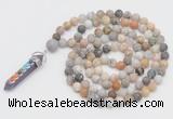 GMN2603 Hand-knotted 8mm, 10mm matte bamboo leaf agate 108 beads mala necklace with pendant